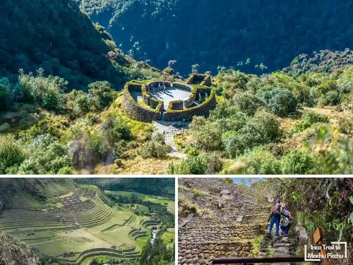 Sitios arqueológicos del Camino Inca clásico, con terrazas de piedra, paisaje de montaña, ruinas antiguas y excursionistas avanzando hacia Machu Picchu.