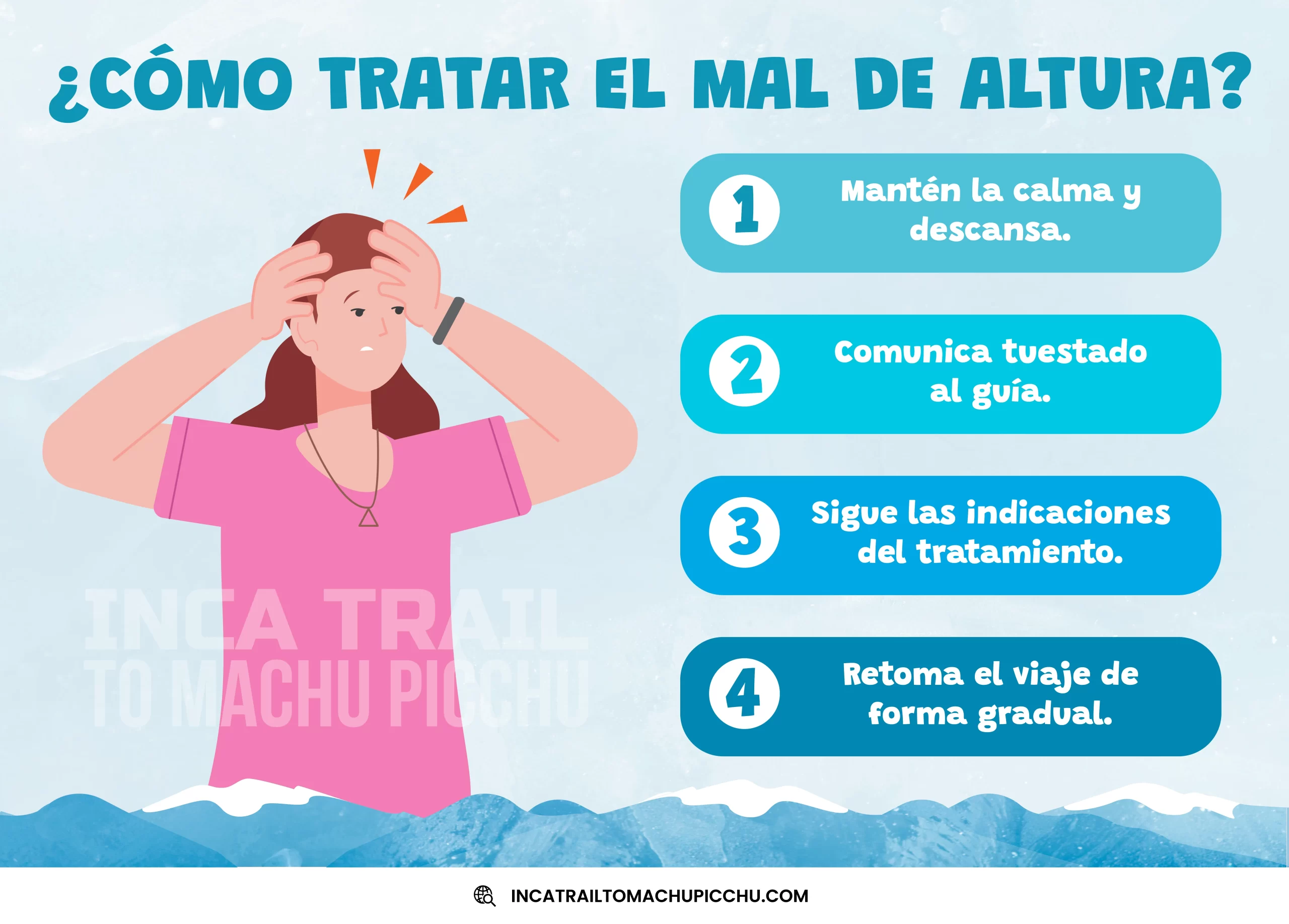 Infografía sobre cómo tratar el mal de altura, con pasos prácticos, respuesta a síntomas y cuidados básicos para caminantes.