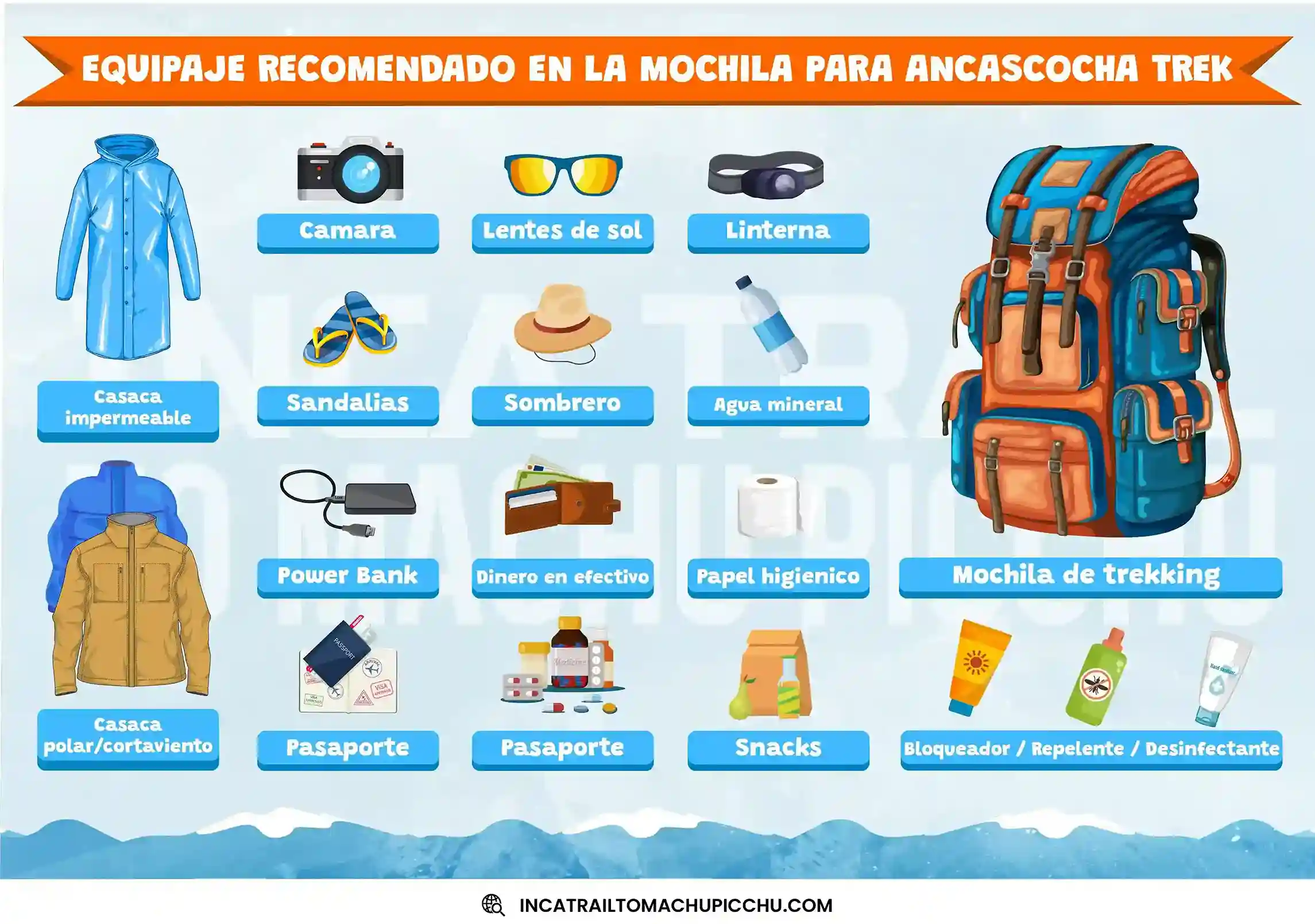elementos a llevar en la mochila de viaje para la ruta del ancascocha trek.