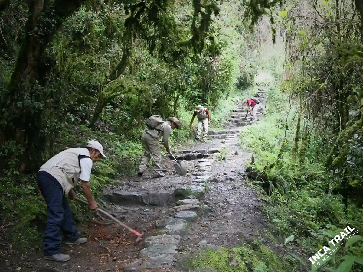 SERNANP staff carrying out maintenance work on the Inca Trail.│Personal del SERNANP realizando trabajos de mantenimiento en el Camino Inca.