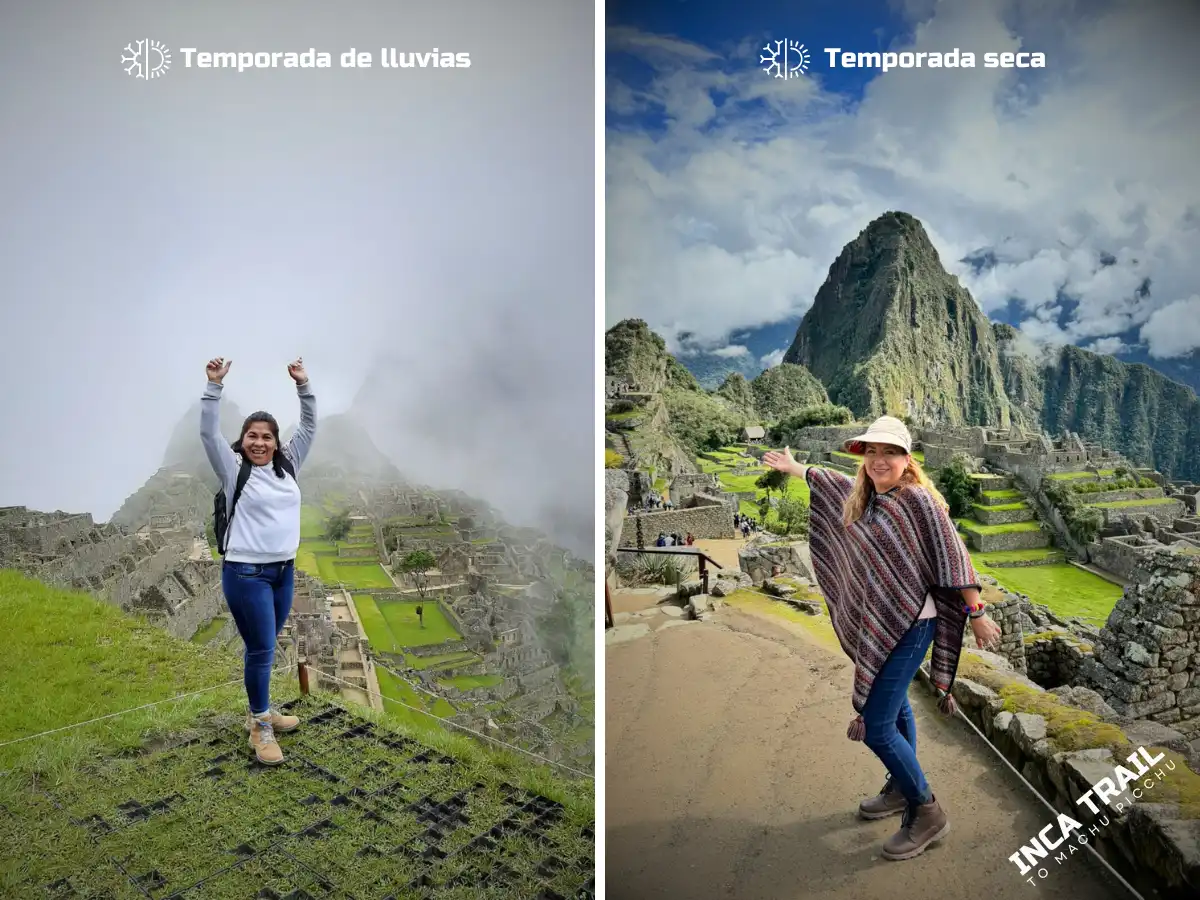 Escenas comparativas del Camino Inca en temporada de lluvias y de seca, con viajeros, cielos distintos y cambios en el sendero.