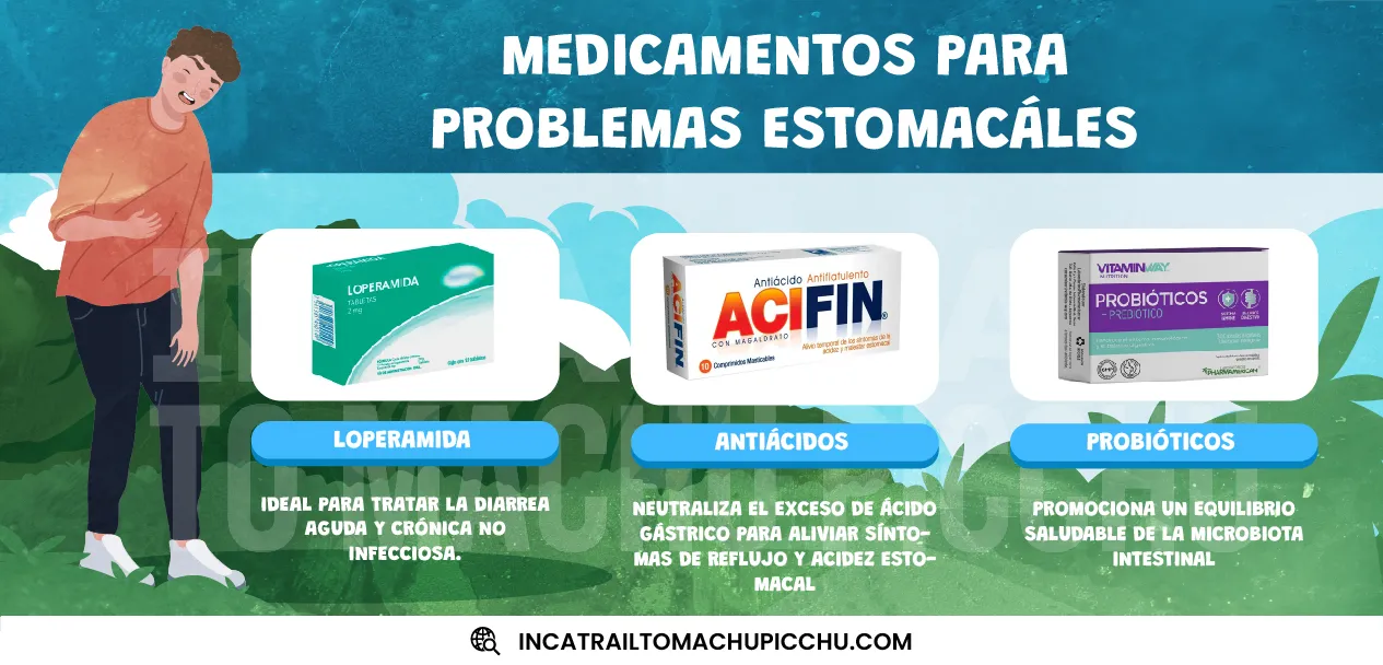 infografía sobre los medicamentos para camino inca y el dolor de estómago y para qué sirve cada uno.