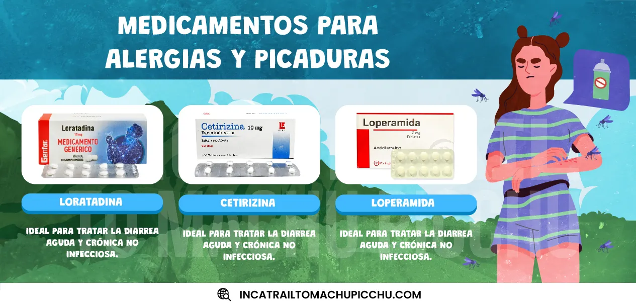 Infografía sobre los medicamentos para camino inca y las alergias y para qué sirve cada uno.