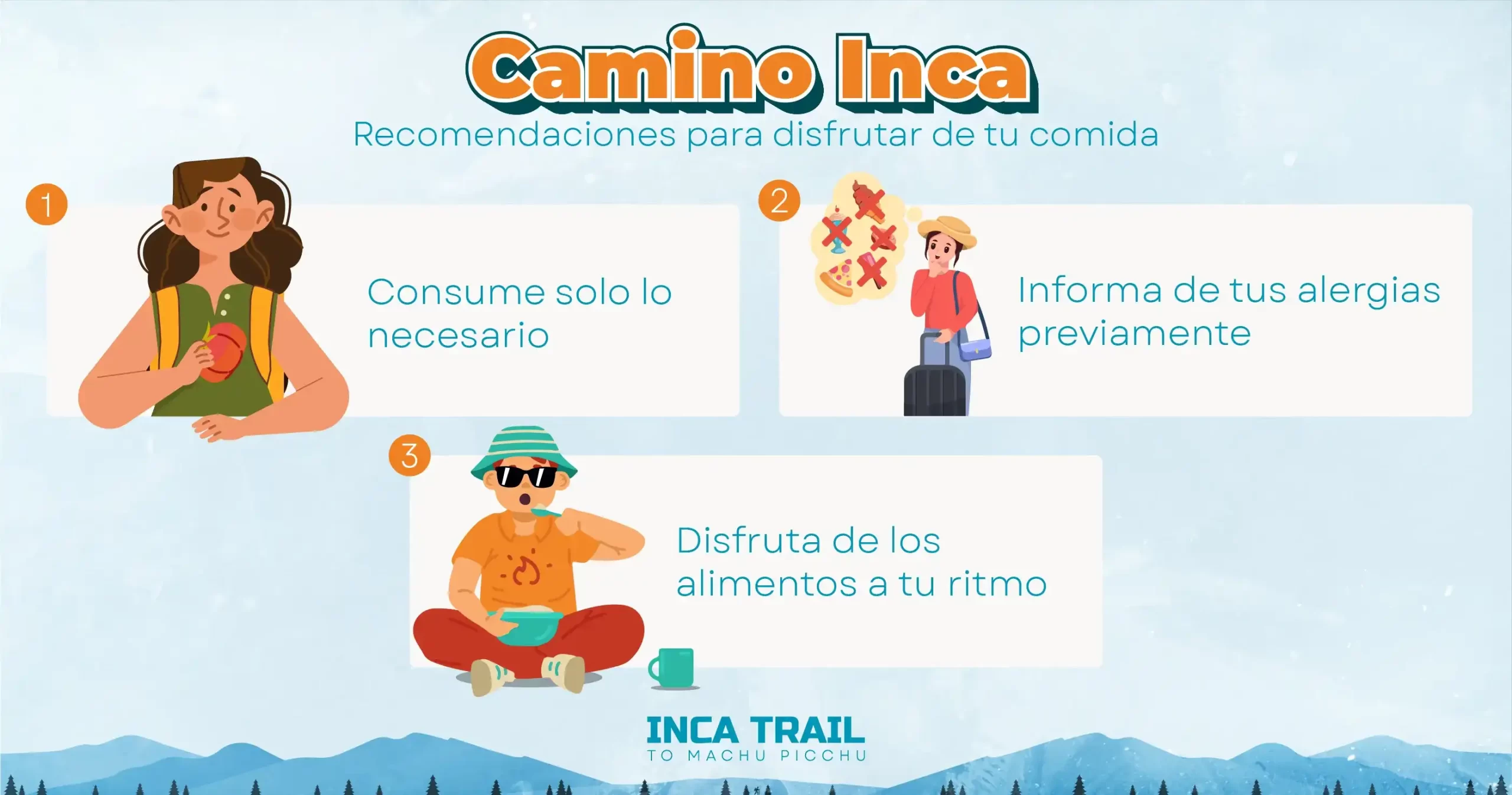 Infografía sobre las recomendaciones de la comida en camino inca para evitar malestares