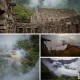 Choquequirao in rainy season with mist, wet vegetation, cloudy mountain views, and archaeological areas surrounded by humid landscape.